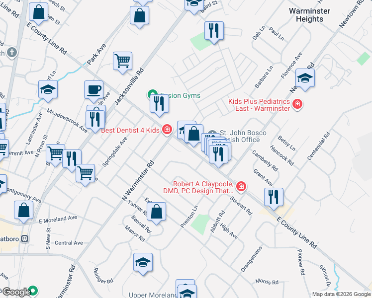 map of restaurants, bars, coffee shops, grocery stores, and more near 430 Ashley Drive in Hatboro