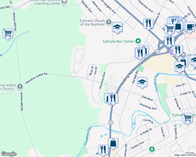 map of restaurants, bars, coffee shops, grocery stores, and more near 125 Meadow Valley Road in Ephrata
