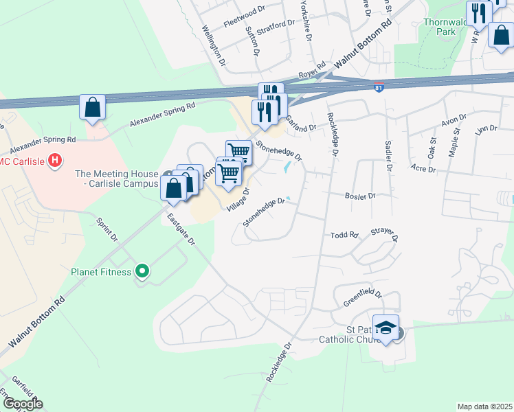 map of restaurants, bars, coffee shops, grocery stores, and more near 309 Stonehedge Drive in Carlisle