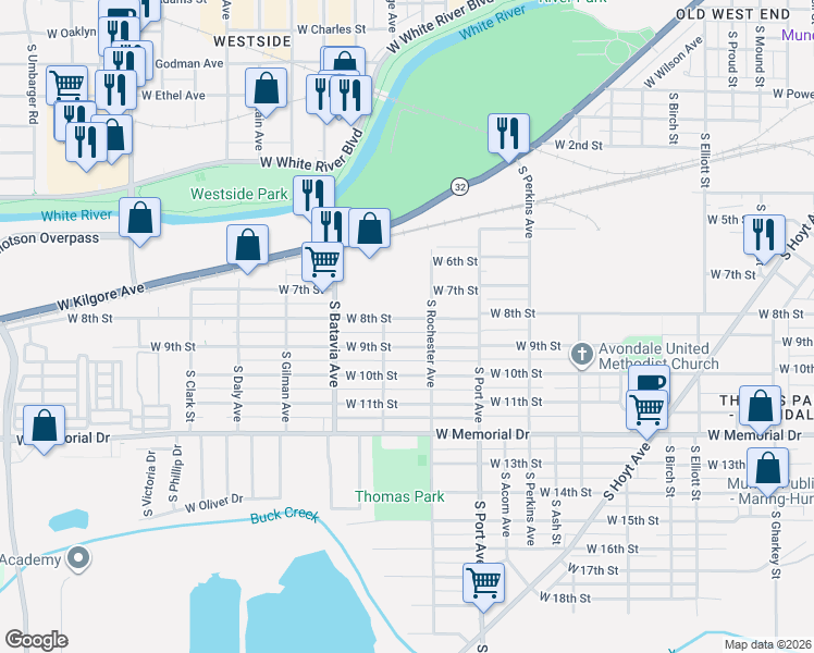 map of restaurants, bars, coffee shops, grocery stores, and more near 1900 West 8th Street in Muncie