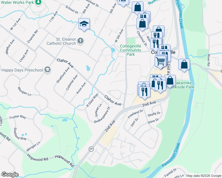 map of restaurants, bars, coffee shops, grocery stores, and more near 160 Larkin Lane in Collegeville