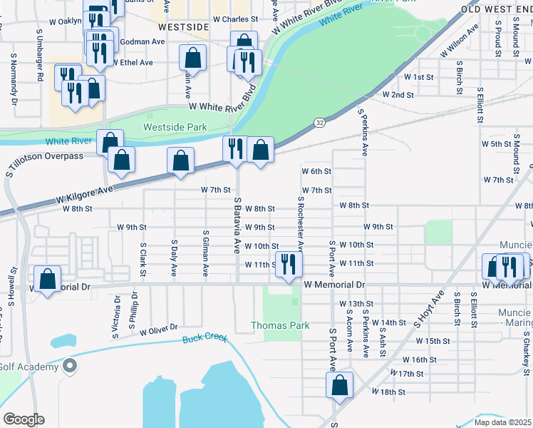 map of restaurants, bars, coffee shops, grocery stores, and more near 2012-2198 West 8th Street in Muncie