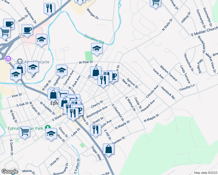 map of restaurants, bars, coffee shops, grocery stores, and more near 324 North State Street in Ephrata