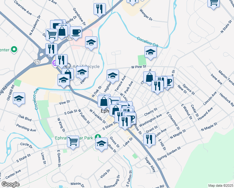 map of restaurants, bars, coffee shops, grocery stores, and more near 207 West Locust Street in Ephrata