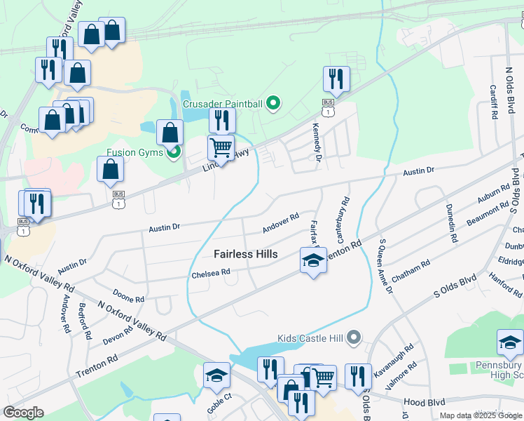 map of restaurants, bars, coffee shops, grocery stores, and more near 405 Austin Drive in Fairless Hills