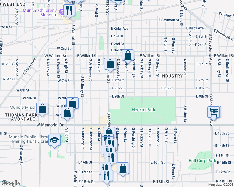 map of restaurants, bars, coffee shops, grocery stores, and more near 1523 South Monroe Street in Muncie