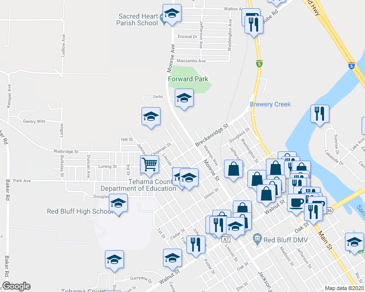 map of restaurants, bars, coffee shops, grocery stores, and more near 1426 Jackson Street in Red Bluff