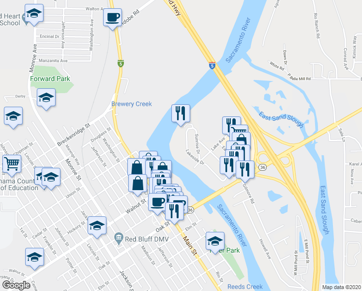 map of restaurants, bars, coffee shops, grocery stores, and more near 1025 Lakeside Drive in Red Bluff