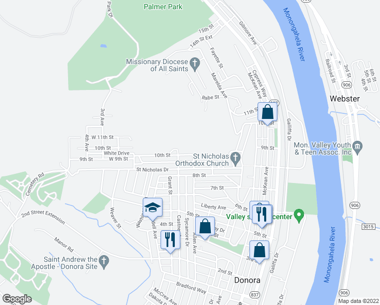 map of restaurants, bars, coffee shops, grocery stores, and more near 115 10th Street in Donora