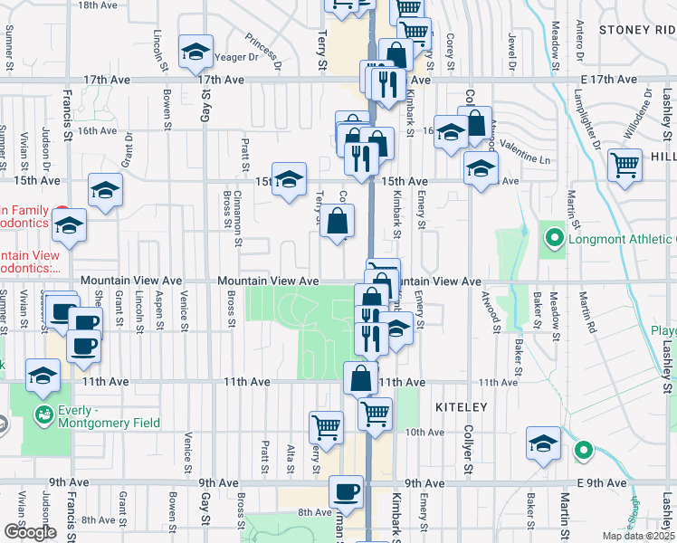 map of restaurants, bars, coffee shops, grocery stores, and more near 1309 Coffman Street in Longmont