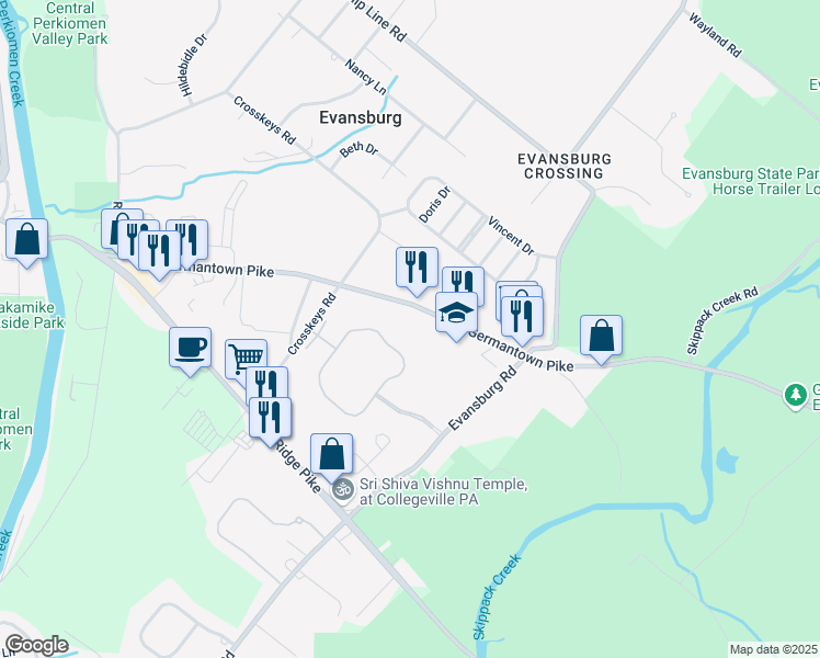 map of restaurants, bars, coffee shops, grocery stores, and more near 3852 Germantown Pike in Collegeville