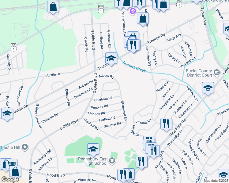 map of restaurants, bars, coffee shops, grocery stores, and more near 822 Chesterton Road in Fairless Hills