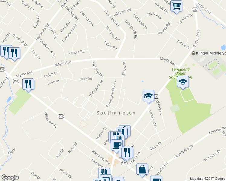 map of restaurants, bars, coffee shops, grocery stores, and more near 987 Pennsylvania Avenue in Southampton