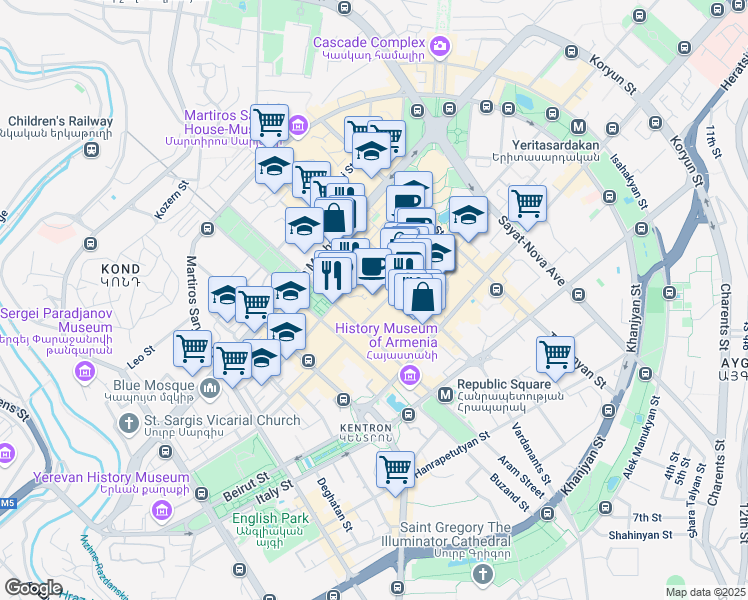 map of restaurants, bars, coffee shops, grocery stores, and more near 3 Teryan Street in Yerevan