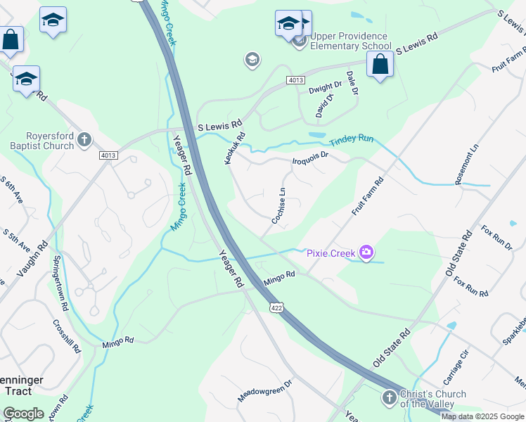map of restaurants, bars, coffee shops, grocery stores, and more near 75 Keokuk Rd in Royersford