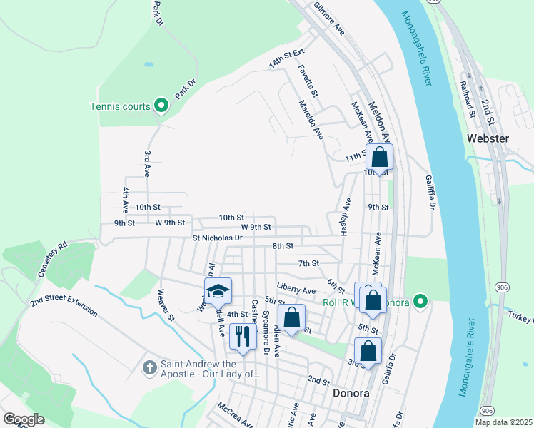 map of restaurants, bars, coffee shops, grocery stores, and more near 506 10th Street in Donora