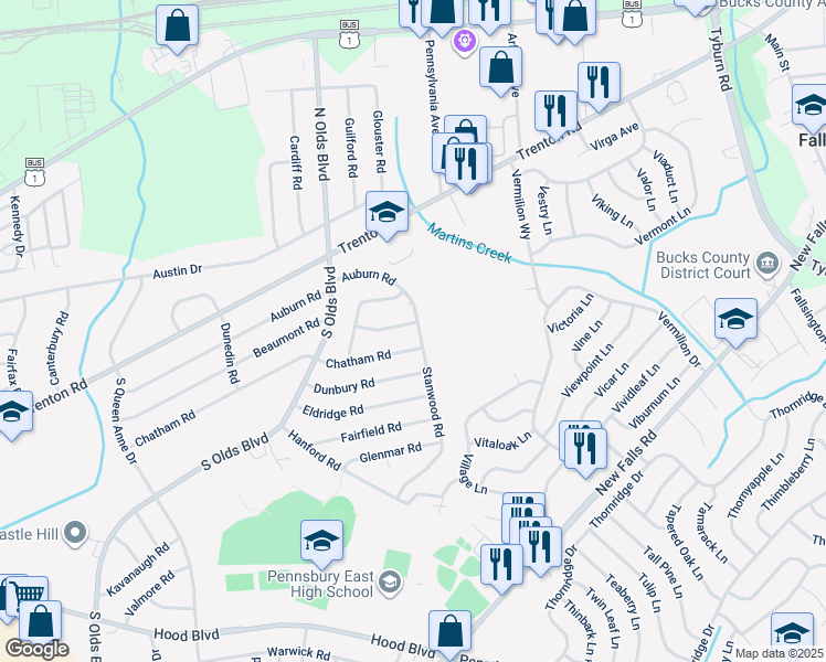 map of restaurants, bars, coffee shops, grocery stores, and more near 826 Chesterton Road in Fairless Hills