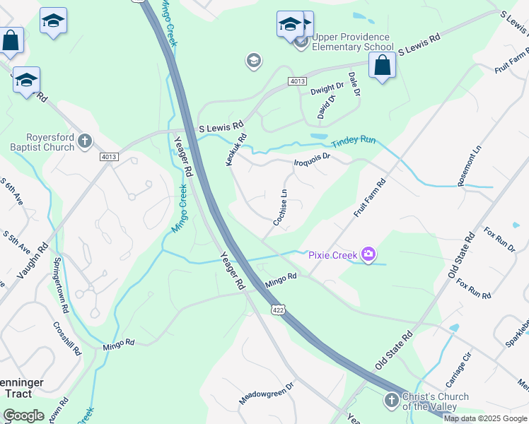 map of restaurants, bars, coffee shops, grocery stores, and more near 75 Keokuk Rd in Royersford