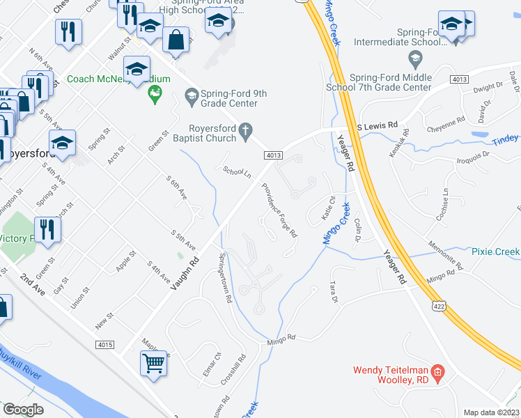 map of restaurants, bars, coffee shops, grocery stores, and more near 27 Providence Forge Road in Royersford