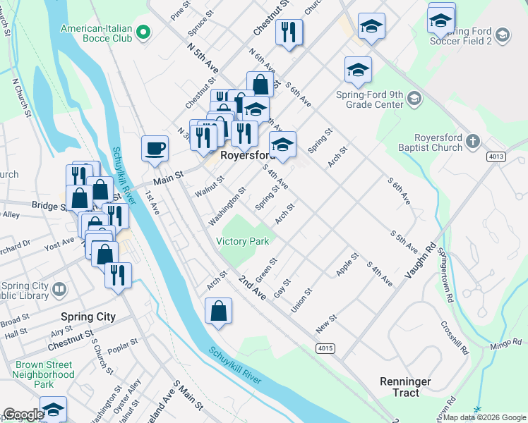 map of restaurants, bars, coffee shops, grocery stores, and more near 318 Spring Street in Royersford