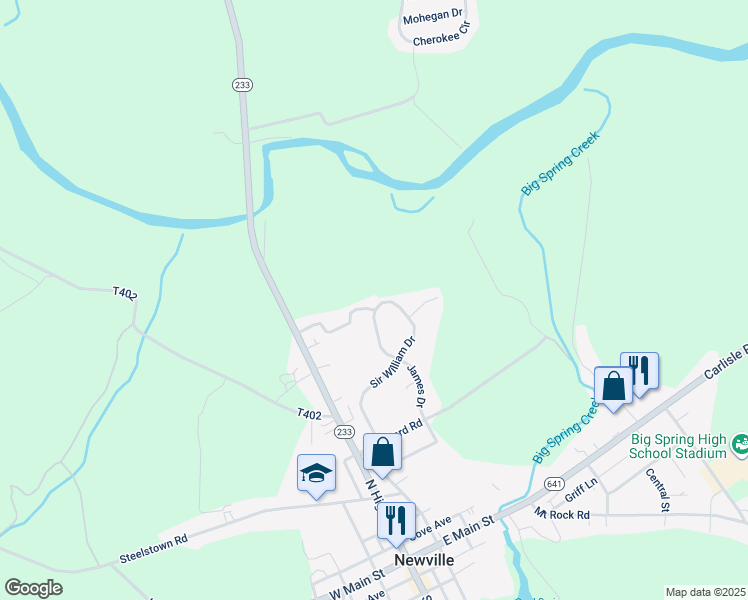 map of restaurants, bars, coffee shops, grocery stores, and more near 42 Sir William Drive in Newville
