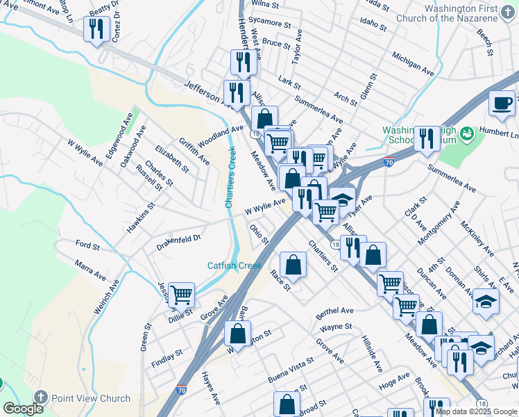 map of restaurants, bars, coffee shops, grocery stores, and more near 123 West Wylie Avenue in Washington