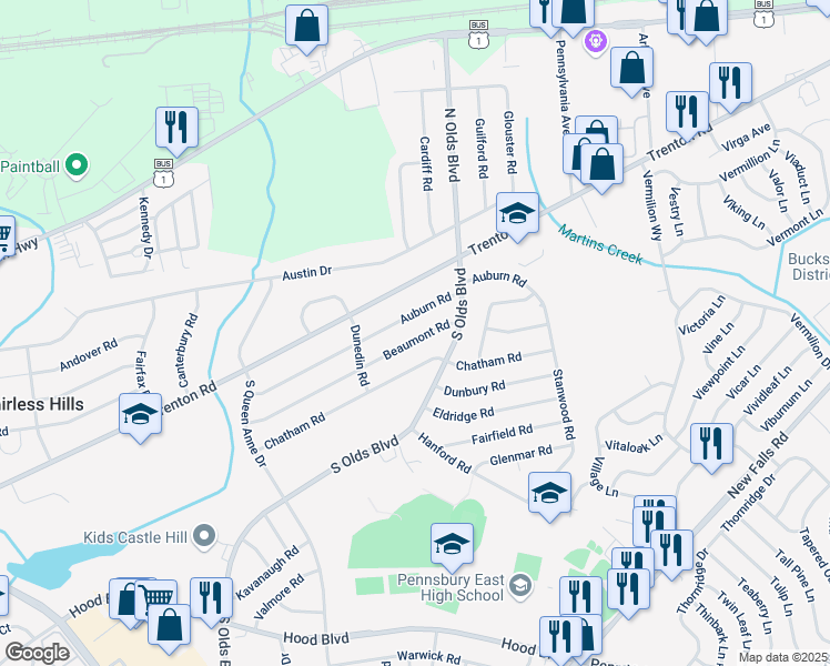 map of restaurants, bars, coffee shops, grocery stores, and more near 712 Auburn Road in Fairless Hills