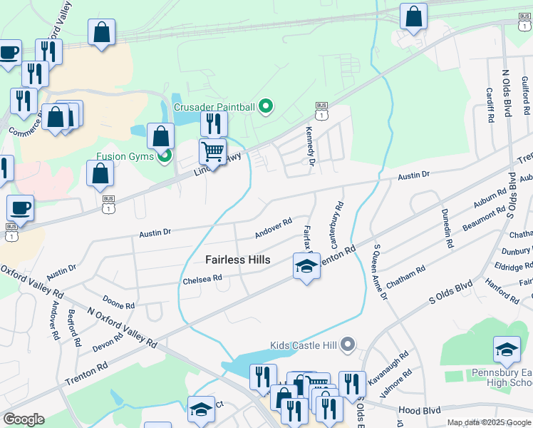map of restaurants, bars, coffee shops, grocery stores, and more near 418 Austin Drive in Fairless Hills