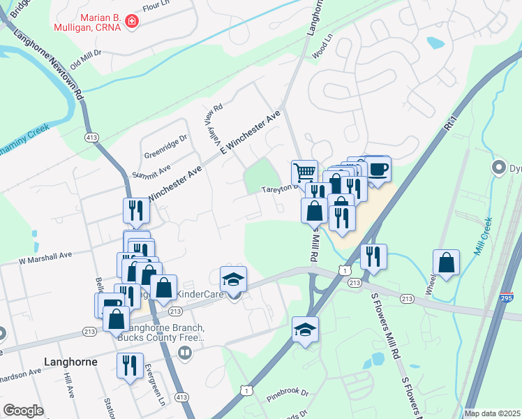 map of restaurants, bars, coffee shops, grocery stores, and more near 265 Barclay Court in Langhorne