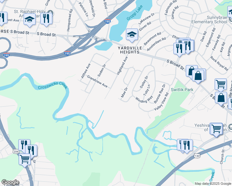 map of restaurants, bars, coffee shops, grocery stores, and more near 234 Highland Avenue in Hamilton Township