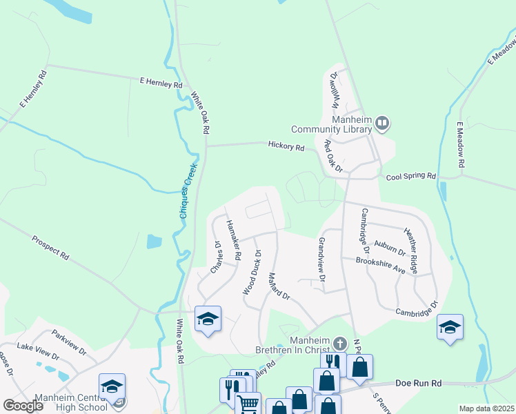 map of restaurants, bars, coffee shops, grocery stores, and more near 414 Thrush Drive in Manheim