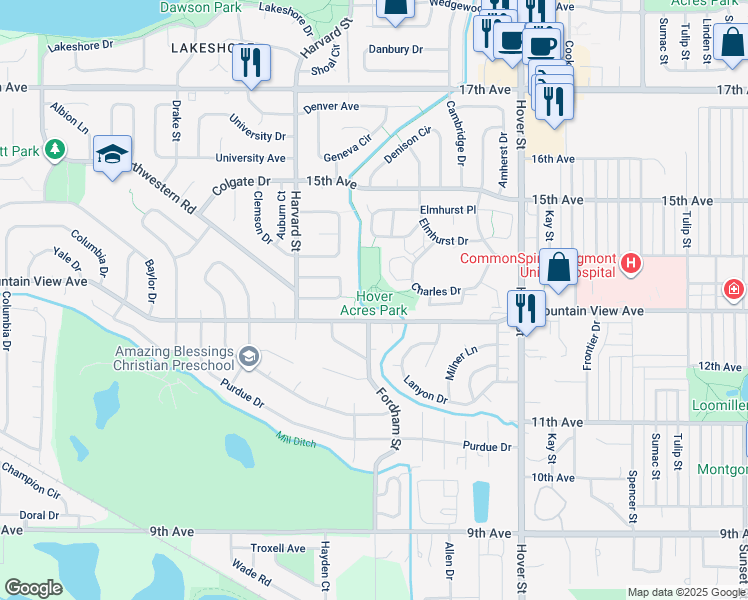 map of restaurants, bars, coffee shops, grocery stores, and more near 1361 Charles Drive in Longmont
