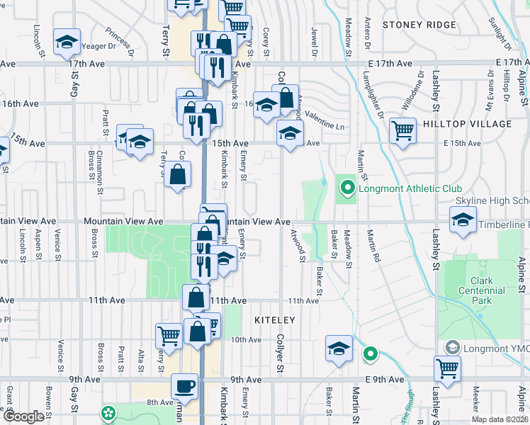 map of restaurants, bars, coffee shops, grocery stores, and more near 1320 Dogwood Lane in Longmont
