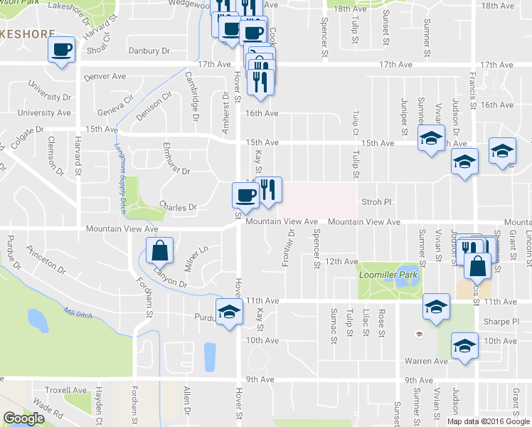 map of restaurants, bars, coffee shops, grocery stores, and more near 2130 Mountain View Avenue in Longmont