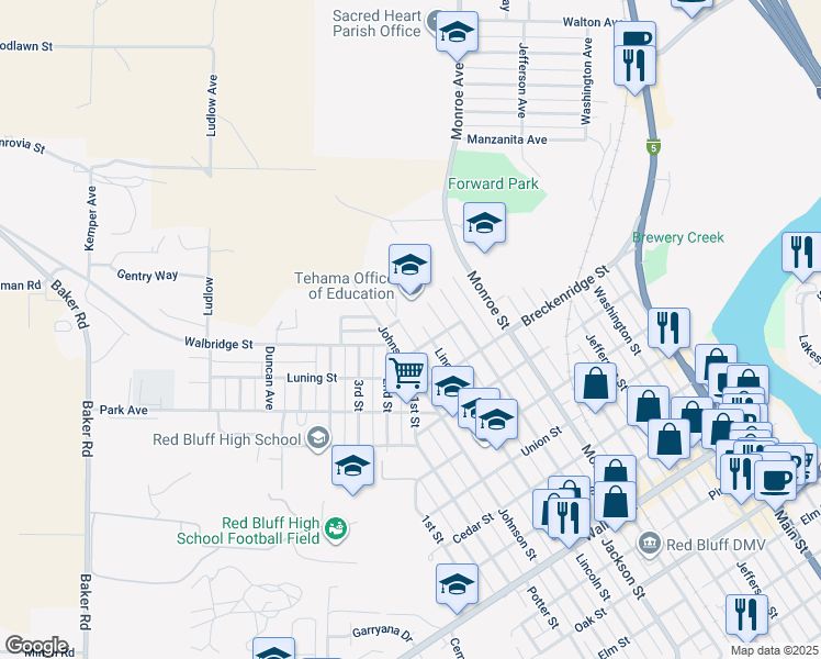 map of restaurants, bars, coffee shops, grocery stores, and more near 1529 Lincoln Street in Red Bluff