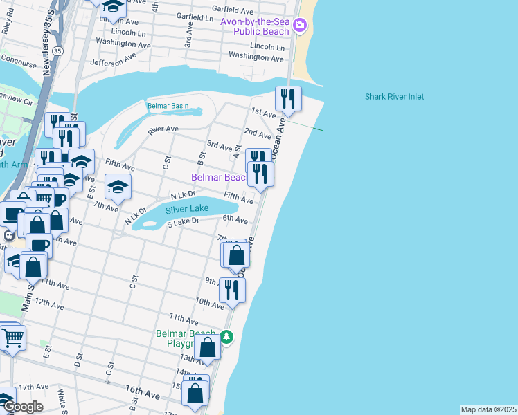 map of restaurants, bars, coffee shops, grocery stores, and more near 498 Ocean Avenue in Belmar