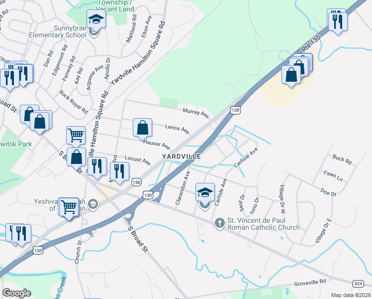 map of restaurants, bars, coffee shops, grocery stores, and more near 325 New Jersey 156 in Hamilton Township