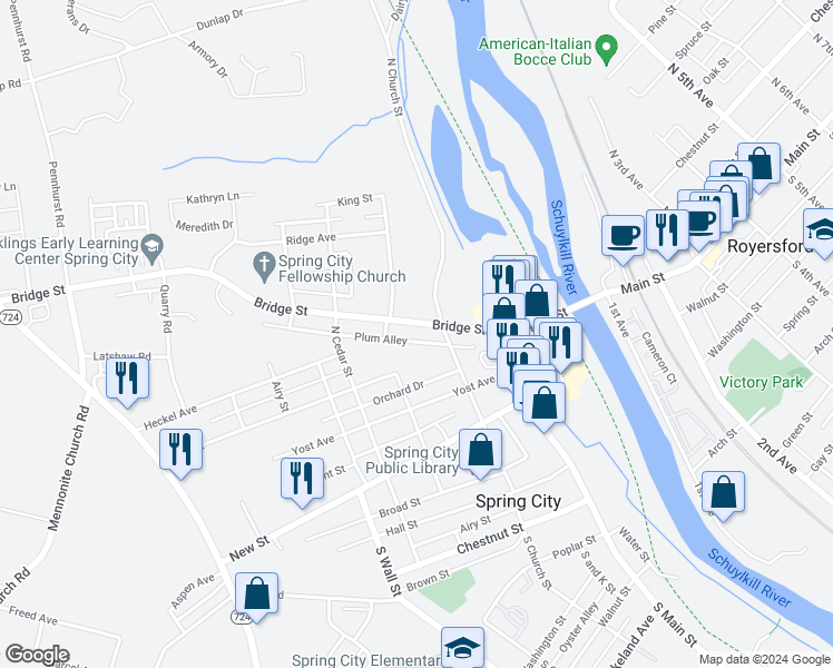 map of restaurants, bars, coffee shops, grocery stores, and more near 236 Bridge Street in Spring City