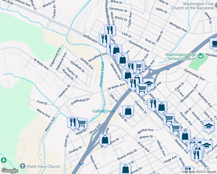 map of restaurants, bars, coffee shops, grocery stores, and more near 123 West Wylie Avenue in Washington