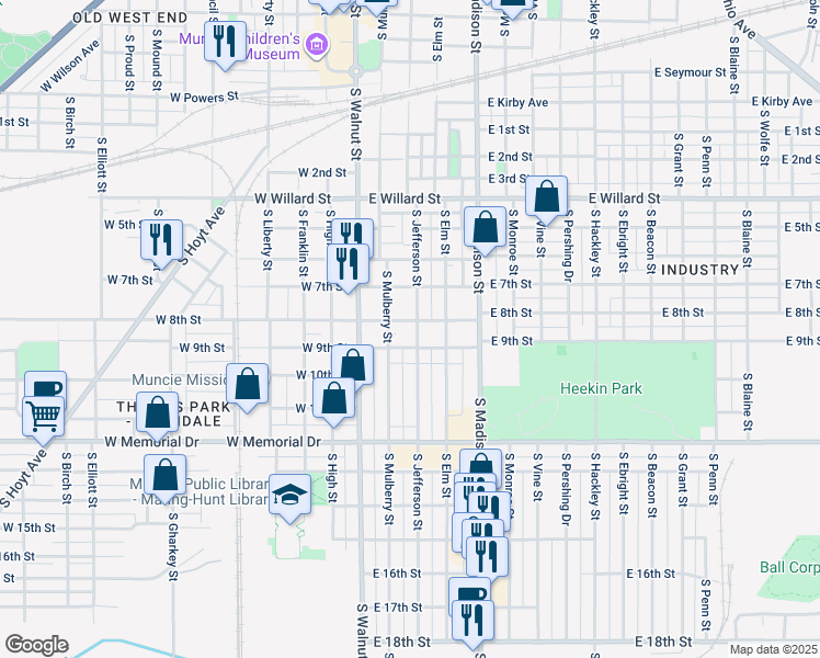 map of restaurants, bars, coffee shops, grocery stores, and more near 224 East 8th Street in Muncie