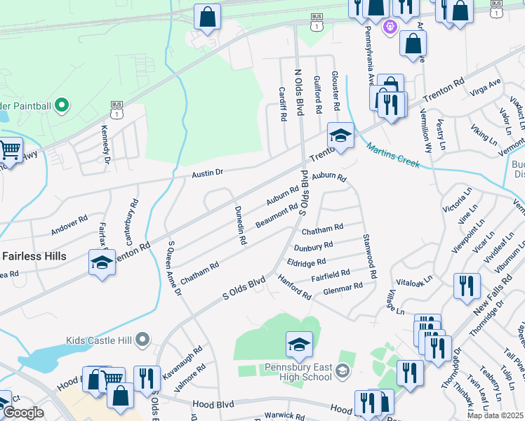 map of restaurants, bars, coffee shops, grocery stores, and more near 710 Auburn Road in Fairless Hills
