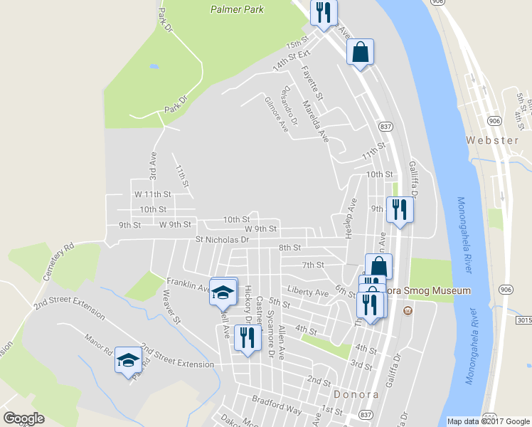 map of restaurants, bars, coffee shops, grocery stores, and more near 510 10th Street in Donora