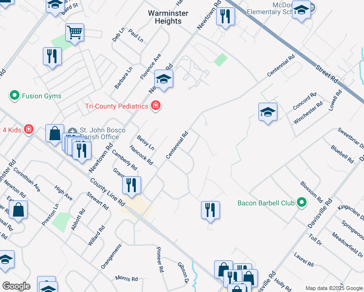 map of restaurants, bars, coffee shops, grocery stores, and more near 413 Revere Terrace in Warminster