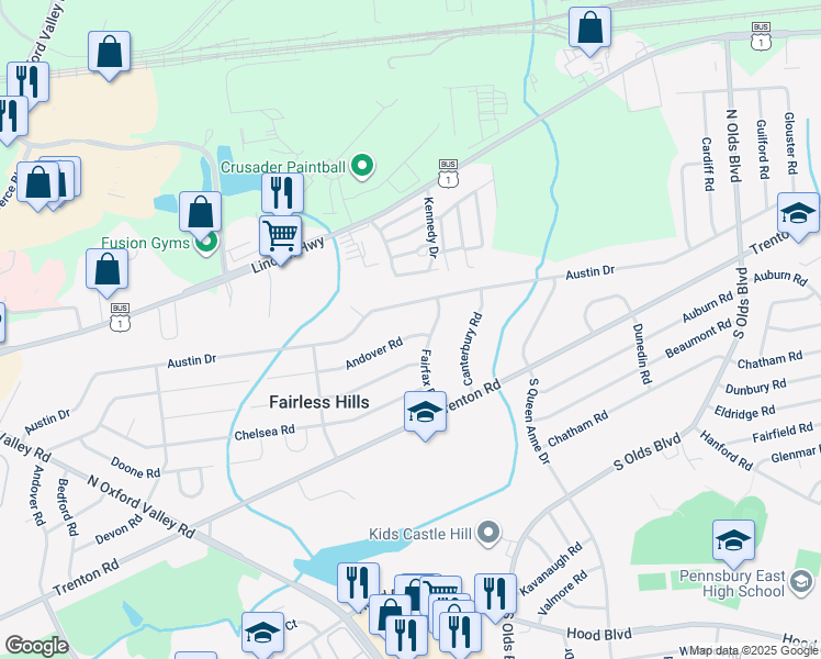 map of restaurants, bars, coffee shops, grocery stores, and more near 435 Andover Road in Fairless Hills