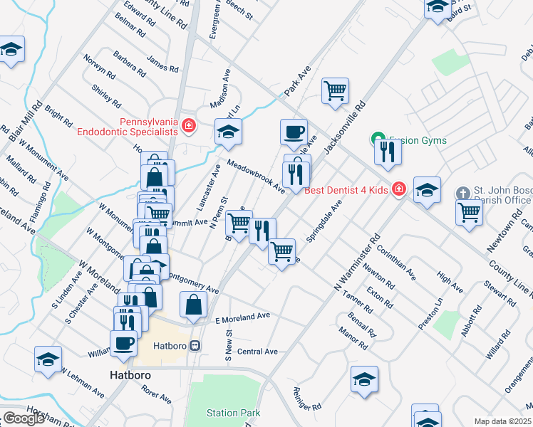 map of restaurants, bars, coffee shops, grocery stores, and more near 237 Jacksonville Road in Hatboro