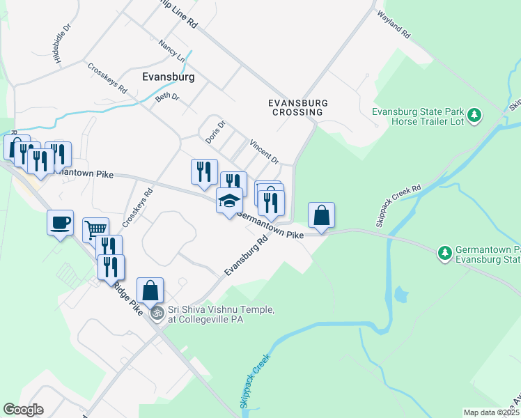 map of restaurants, bars, coffee shops, grocery stores, and more near 3831 Germantown Pike in Collegeville