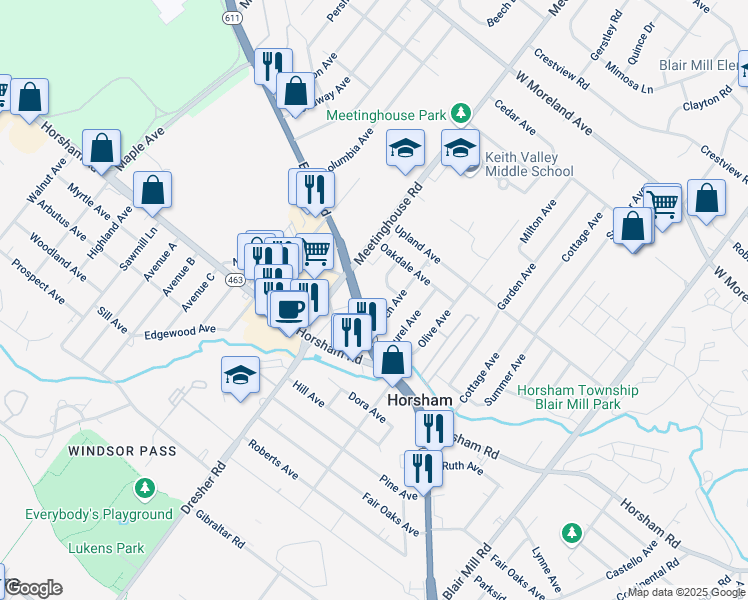 map of restaurants, bars, coffee shops, grocery stores, and more near 470 Easton Road in Horsham