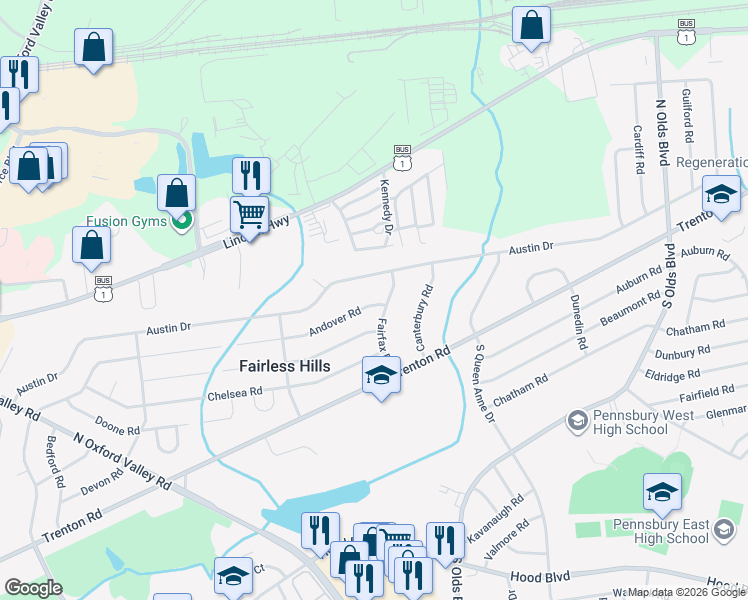 map of restaurants, bars, coffee shops, grocery stores, and more near 437 Andover Road in Fairless Hills