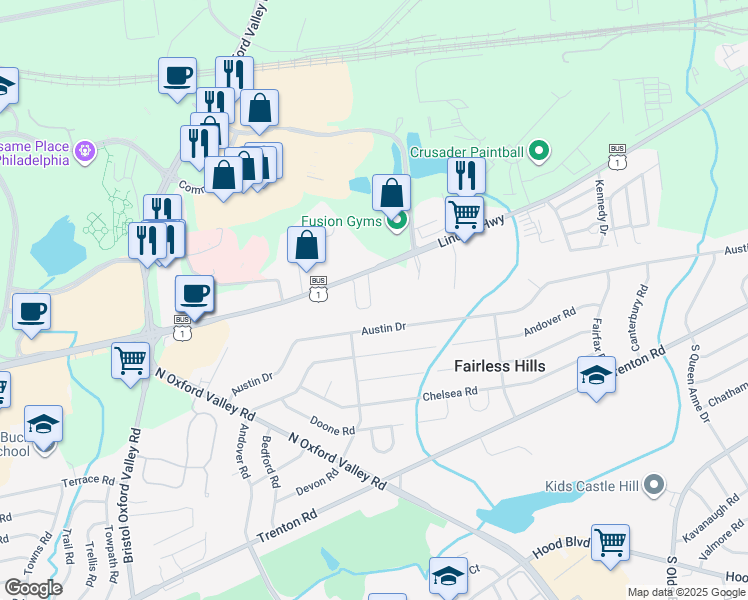 map of restaurants, bars, coffee shops, grocery stores, and more near 155 Mercer Court in Fairless Hills