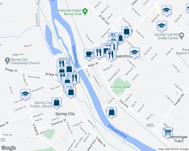 map of restaurants, bars, coffee shops, grocery stores, and more near 15 Cameron Court in Royersford